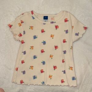 Old Navy Cream Short-Sleeve Ribbed Top with Multicolor Floral Print